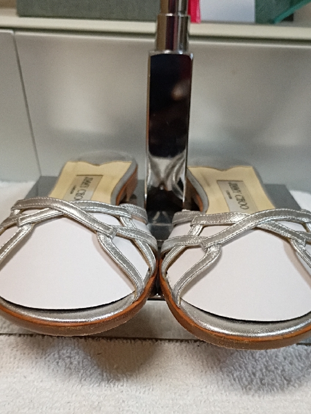 Jimmy Choo White and Silver Leather Cross-Strap Slide Mules - Picture 5 of 5